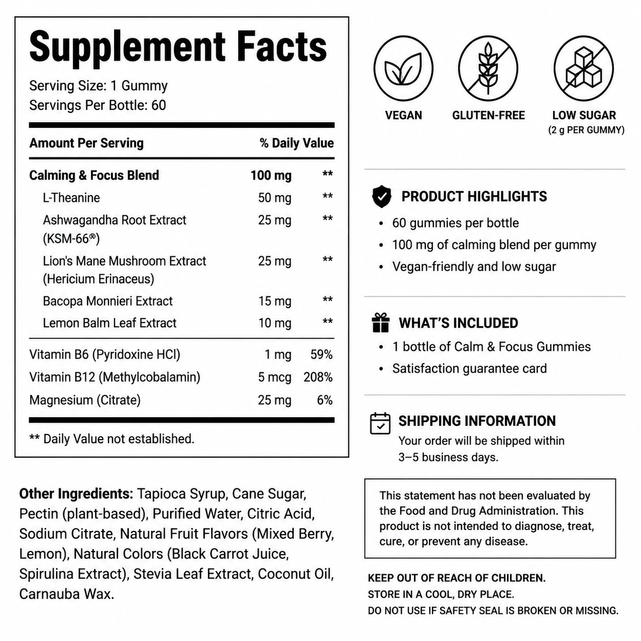Calm & Focus Gummies — Supplement Facts
