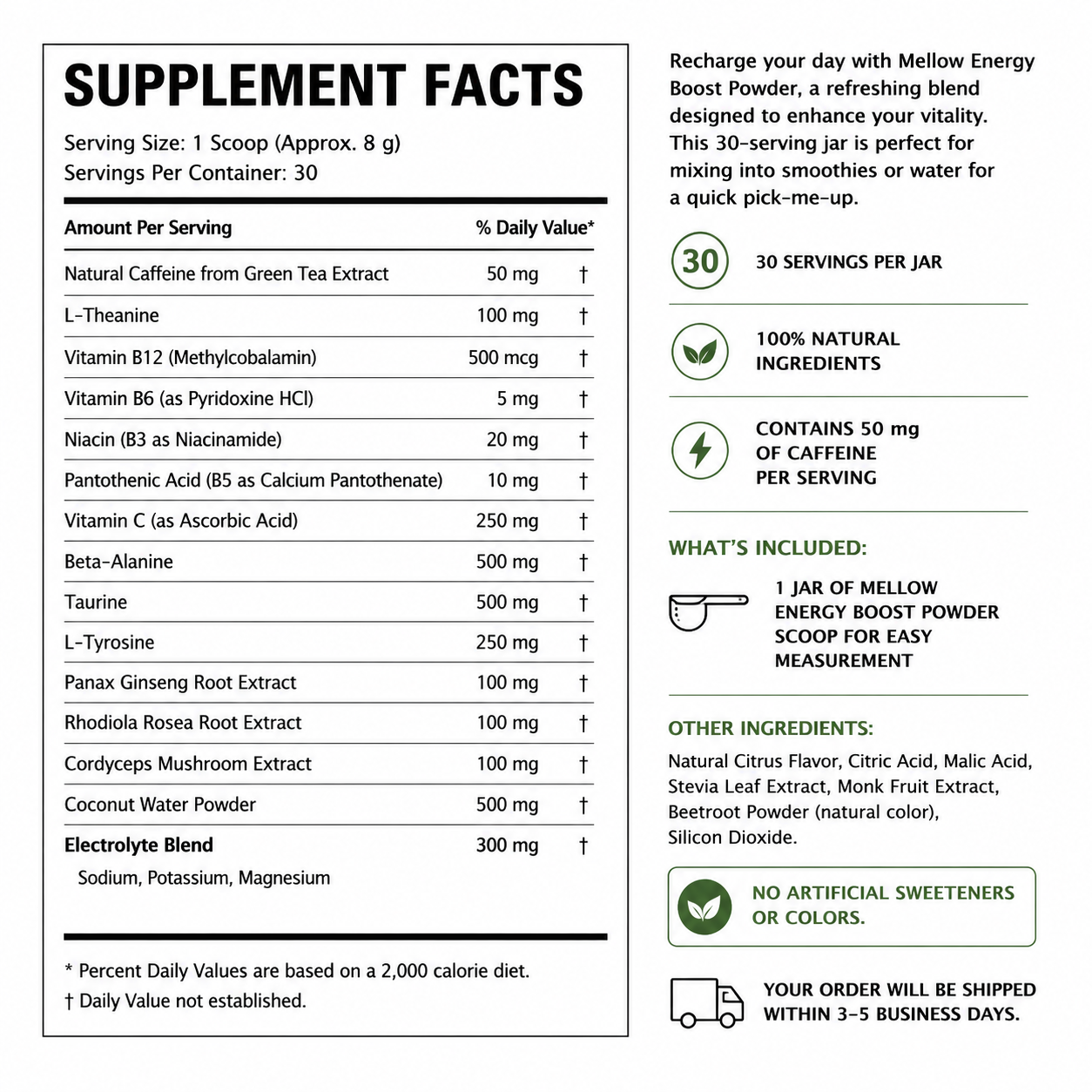 Mellow Energy Boost Powder — Supplement Facts